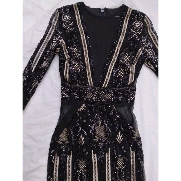 Fashion Nova Dress Black Gold Sequin Floral Embroidered Evening Gown Size Small - Picture 8 of 16